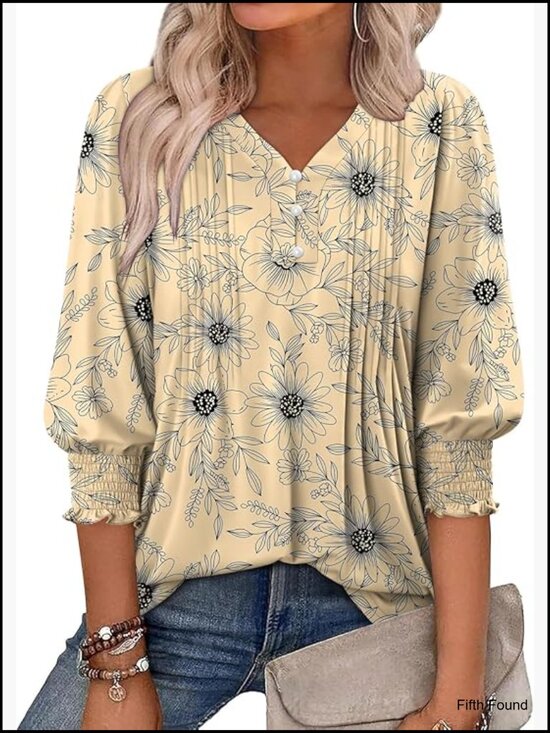 Tops - V-Neck Button Down Blouse with 3/4 Sleeve Puff Sleeves Tunic Tops for Work